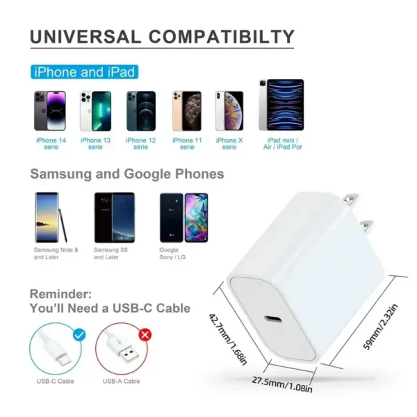 iPhone Fast Charger, 20W USB C Charger Block with USB C to Lightning Cable, Fast Compatible with iPhone14/13/12/11/XS/XR - Image 6